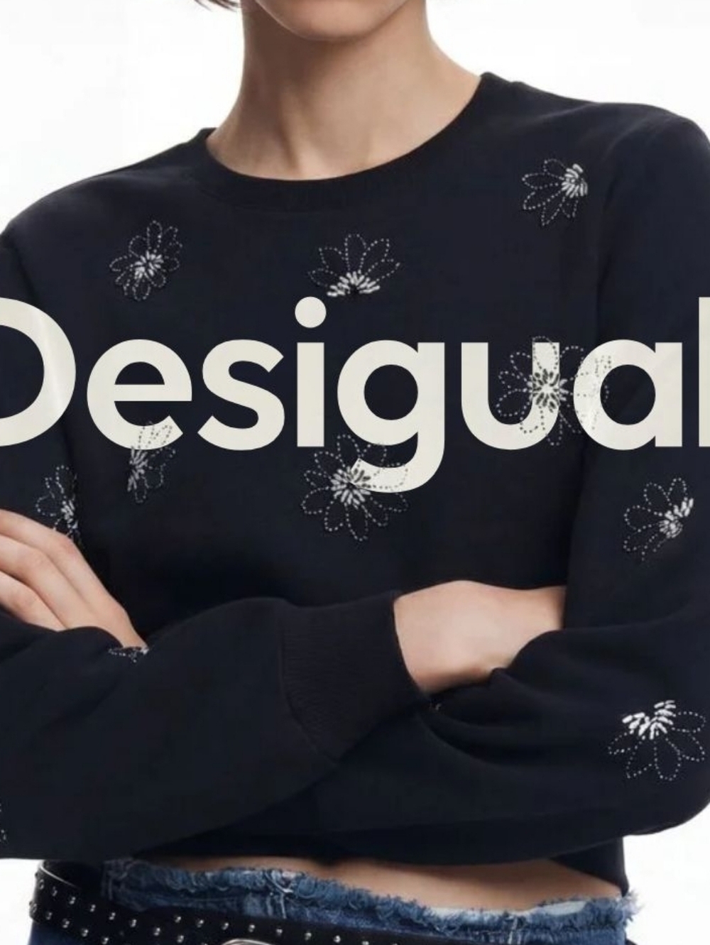 Desigual Black Crewneck Sweater with White Beaded Floral Accents